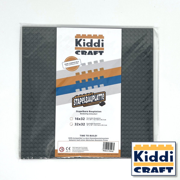 Kiddi CRAFT KC32DGSA - Stackable Baseplate 32 x 32 Noppen (25,5 x 25,5cm) Dunkelgrau