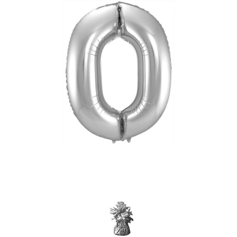 Folienballon Zahl 0 - 86 cm, silber - mit Helium